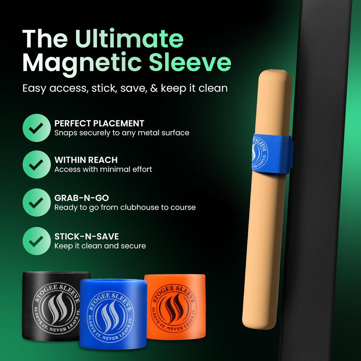StogeeSleeve blue sleeve holder shown on gear rack for secure storage