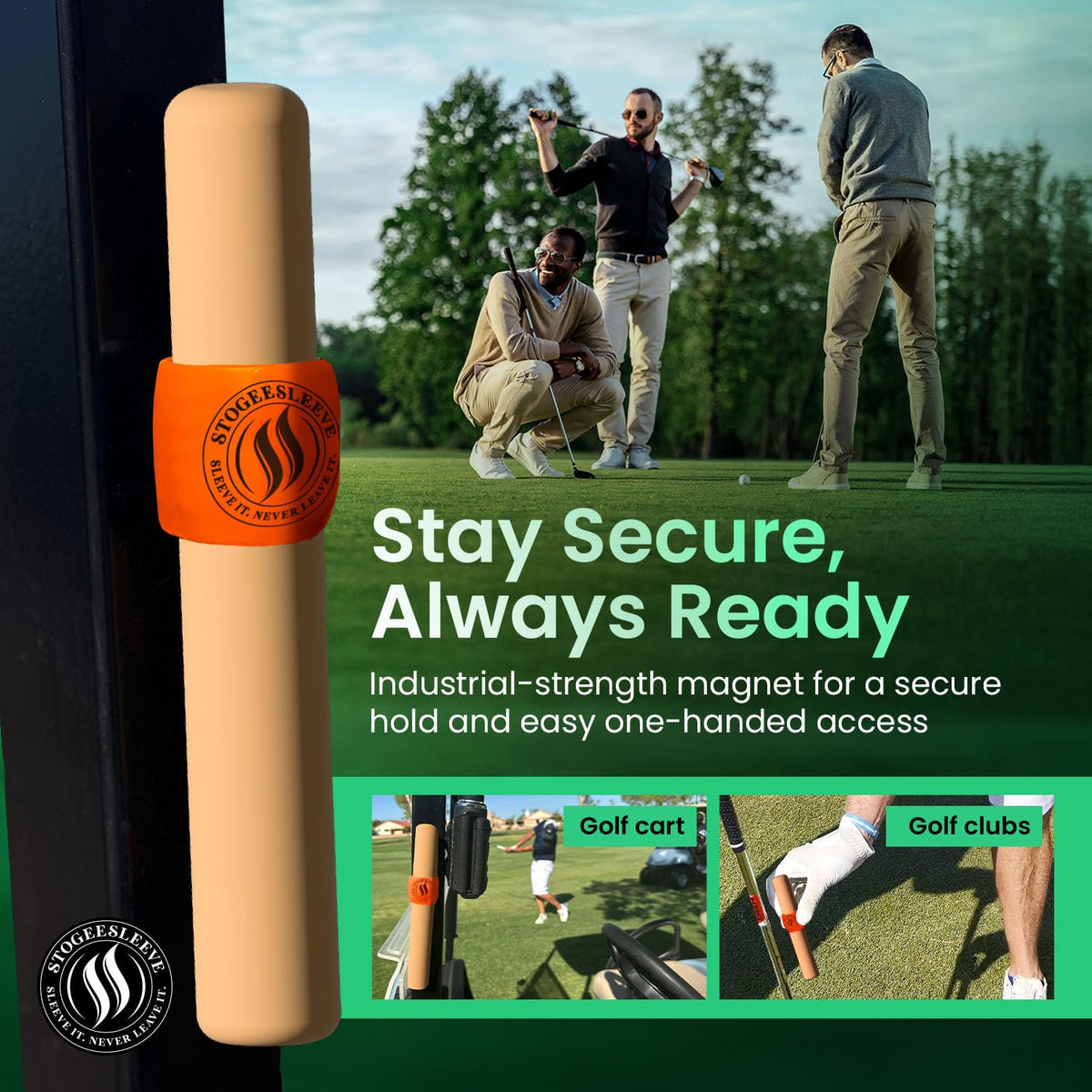 StogeeSleeve golf-cart magnetic sleeve for hands-free rounds.