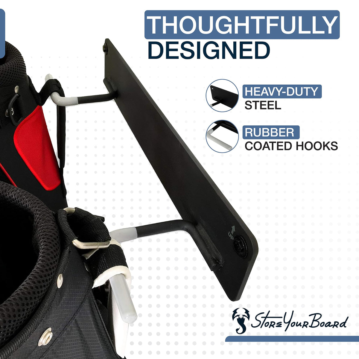 Rubber-coated hooks protect bag finishes while supporting gear on BLAT