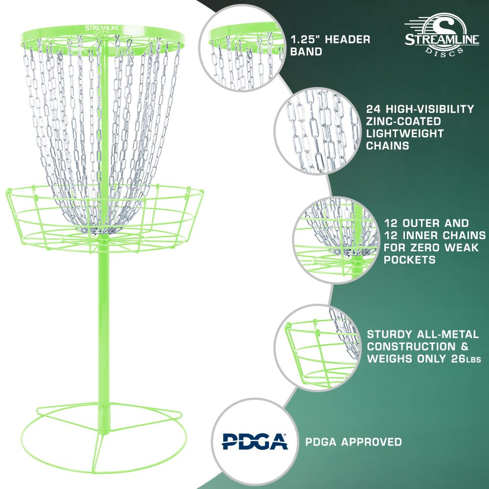 Streamline Discs Lite Basket lime base-stability demonstrates sturdy construction for outdoor catches.