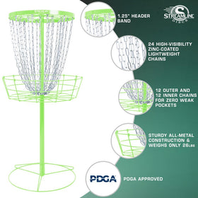 Streamline Discs Lite Basket lime base-stability demonstrates sturdy construction for outdoor catches.
