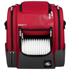 Streamline Discs Voyager Lite backpack front view shows burgundy color and comfortable carry for rounds