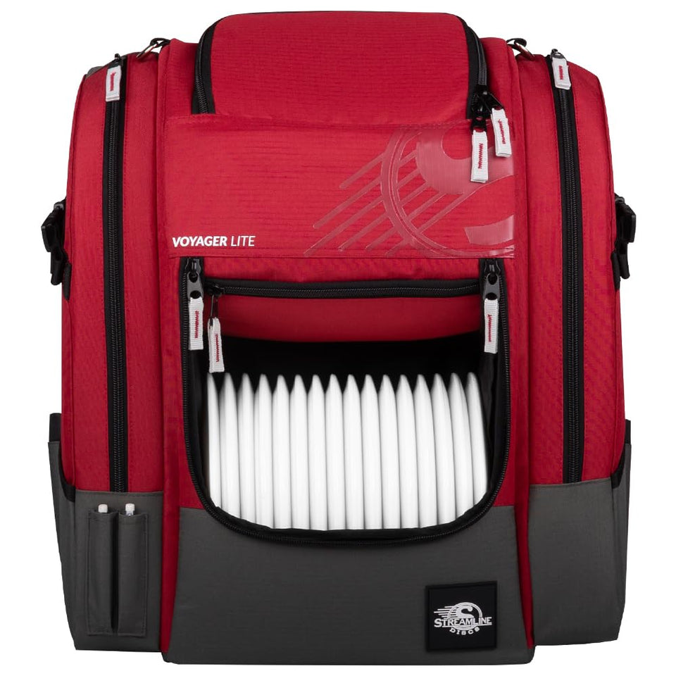 Streamline Discs Voyager Lite backpack front view shows burgundy color and comfortable carry for rounds