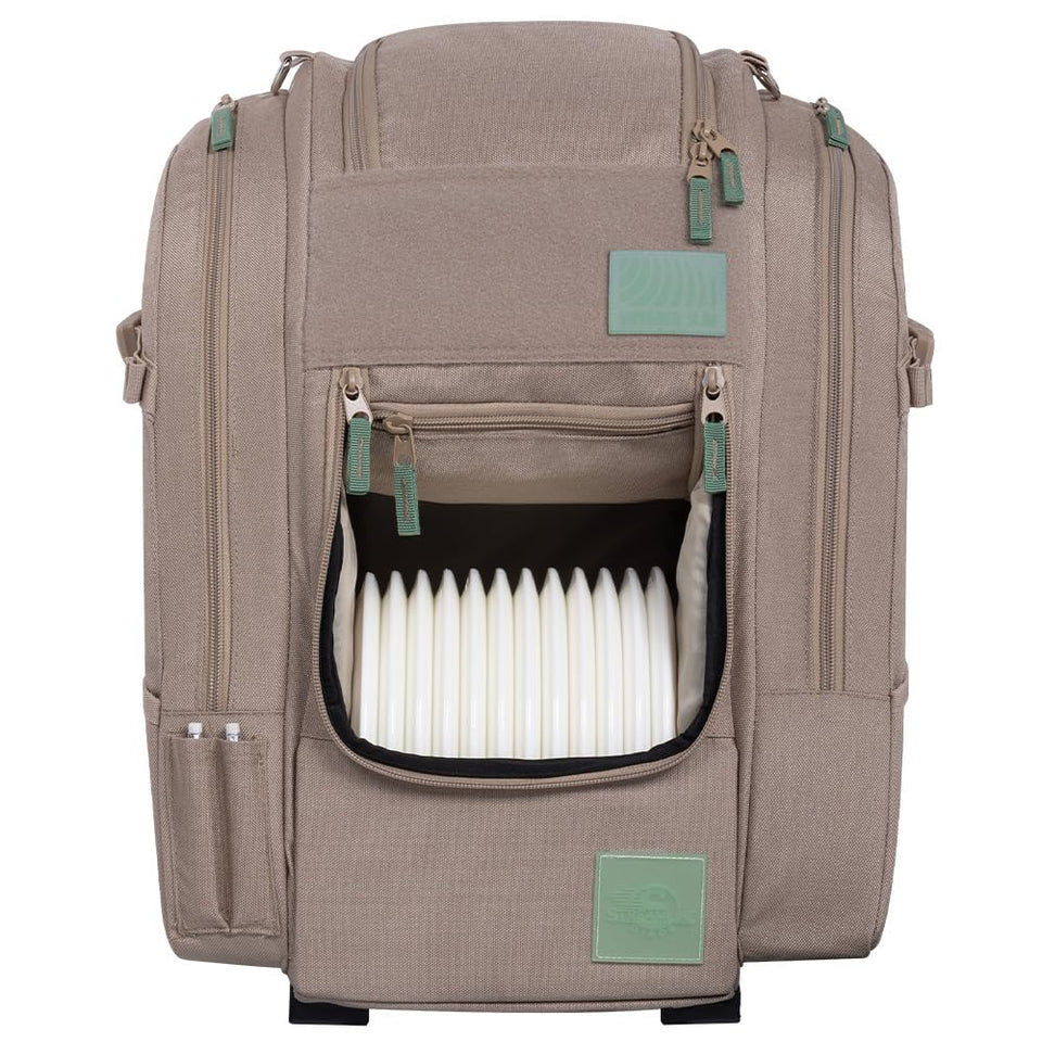 Streamline Discs Voyager Slim backpack on the course highlighting lightweight design for comfortable rounds.