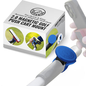 Stripebird 2.0 golf push cart mount on handle for quick magnetic accessory access.
