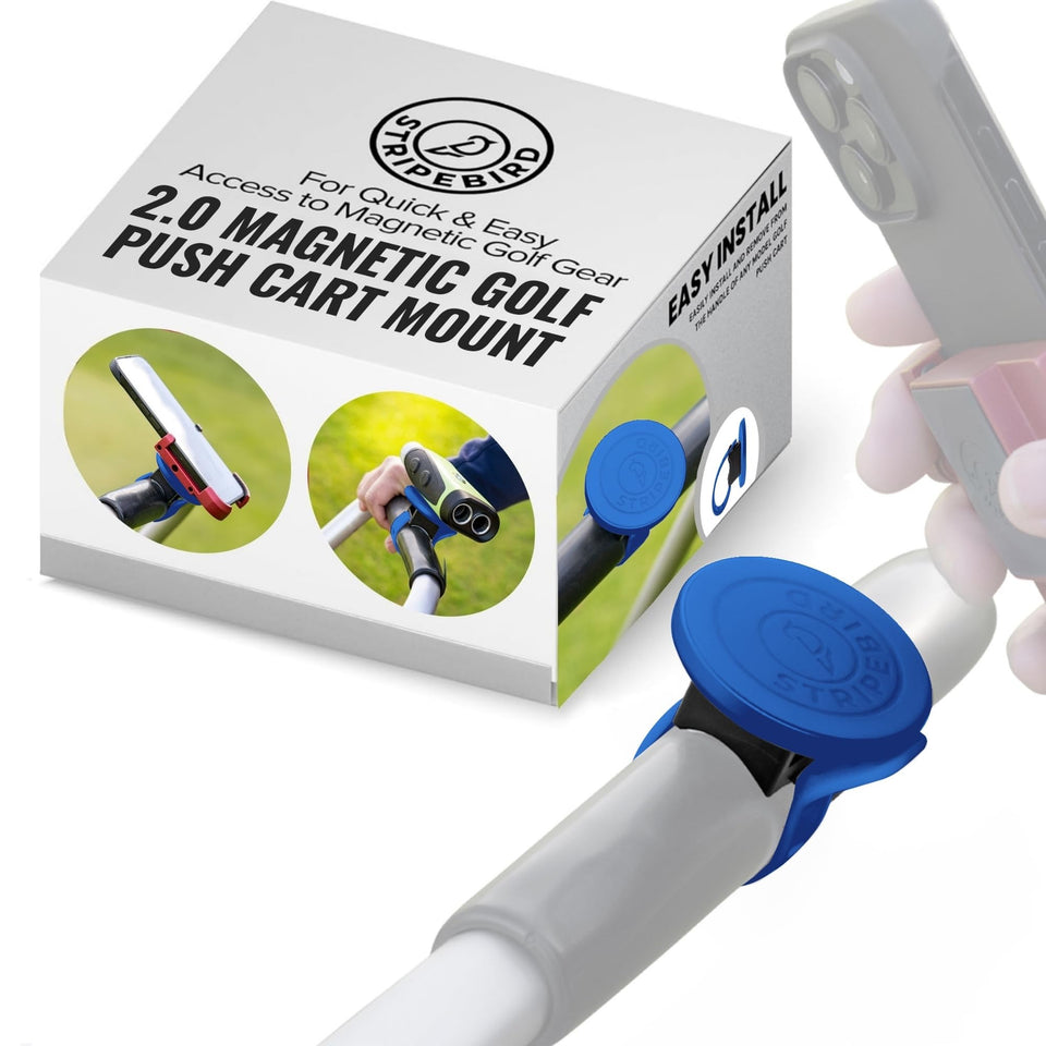 Stripebird 2.0 golf push cart mount on handle for quick magnetic accessory access.