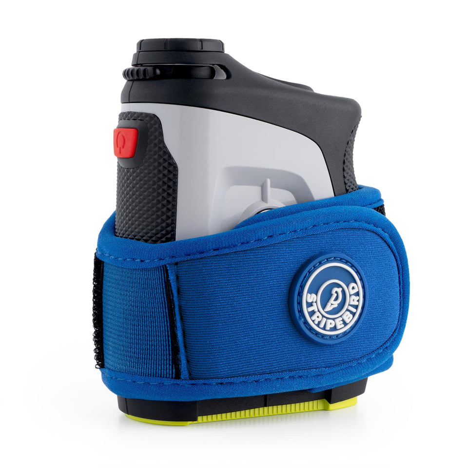 Stripebird 2.0 blue buckleless strap closeup showing slim form-fitting design for rangefinders.