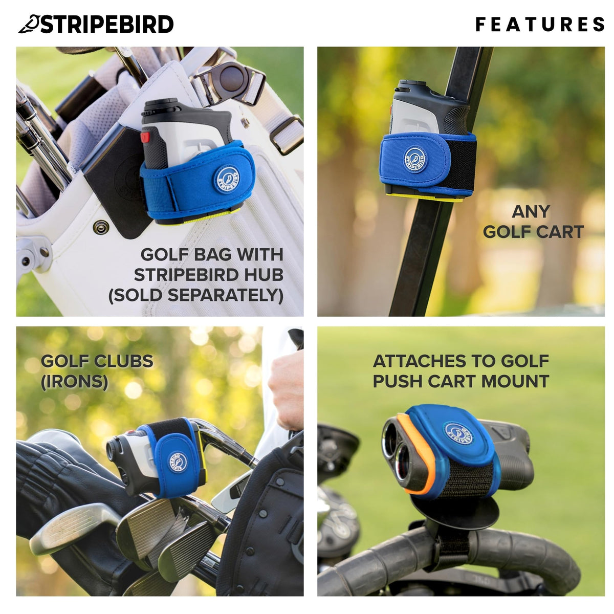 Stripebird 2.0 blue on golf cart demonstrates stable carry during rounds.
