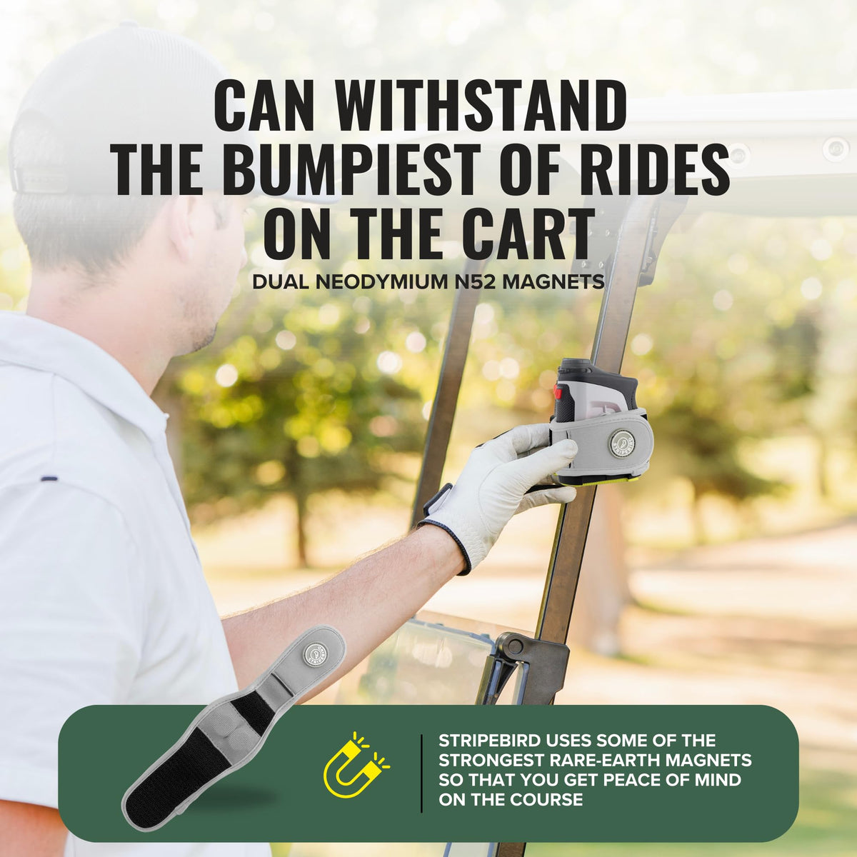 Stripebird 2.0 Slim Rangefinder Strap on cart demonstrating hands-free access