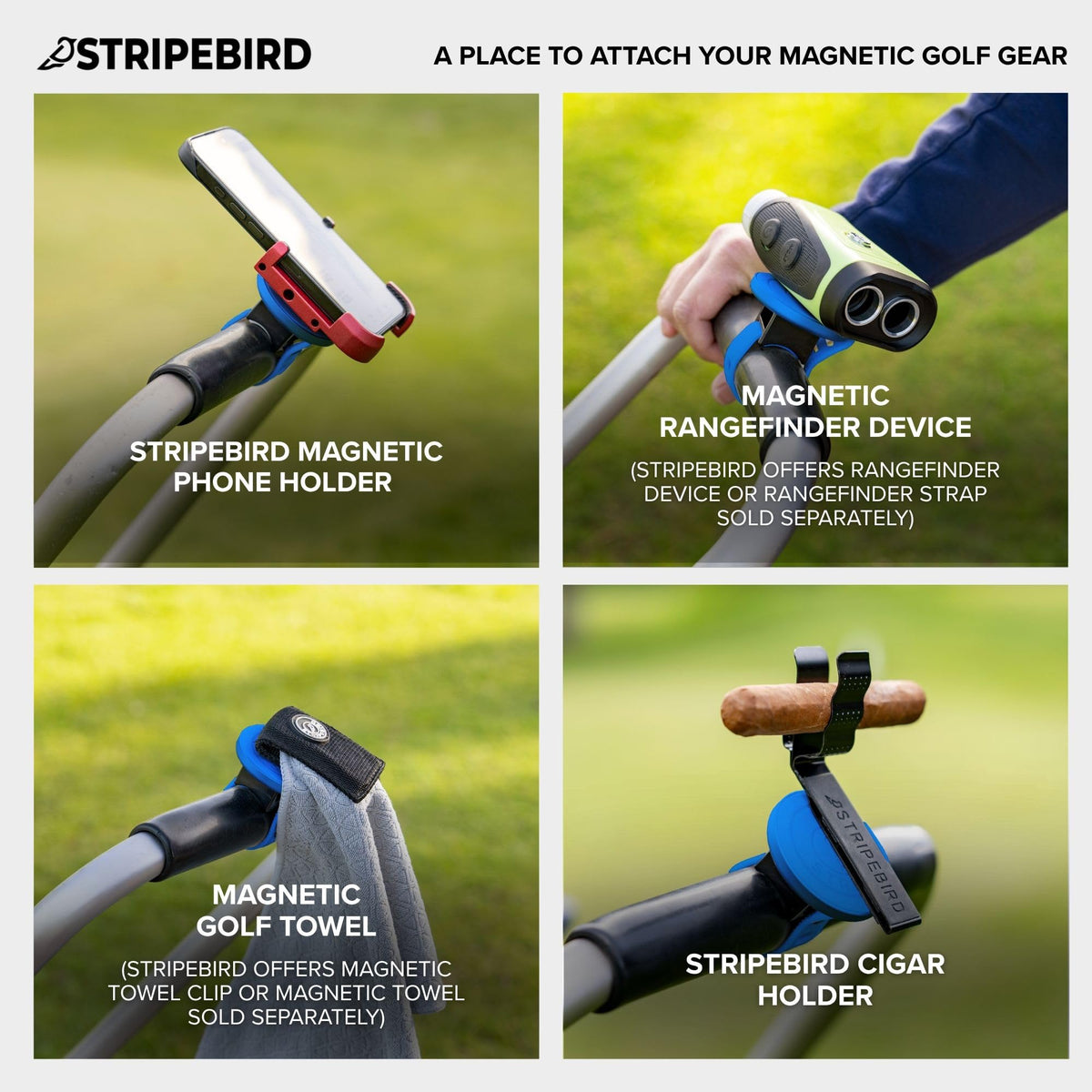 Stripebird cell phone holder on cart for easy hands-free access.
