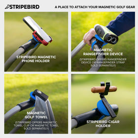 Stripebird cell phone holder on cart for easy hands-free access.