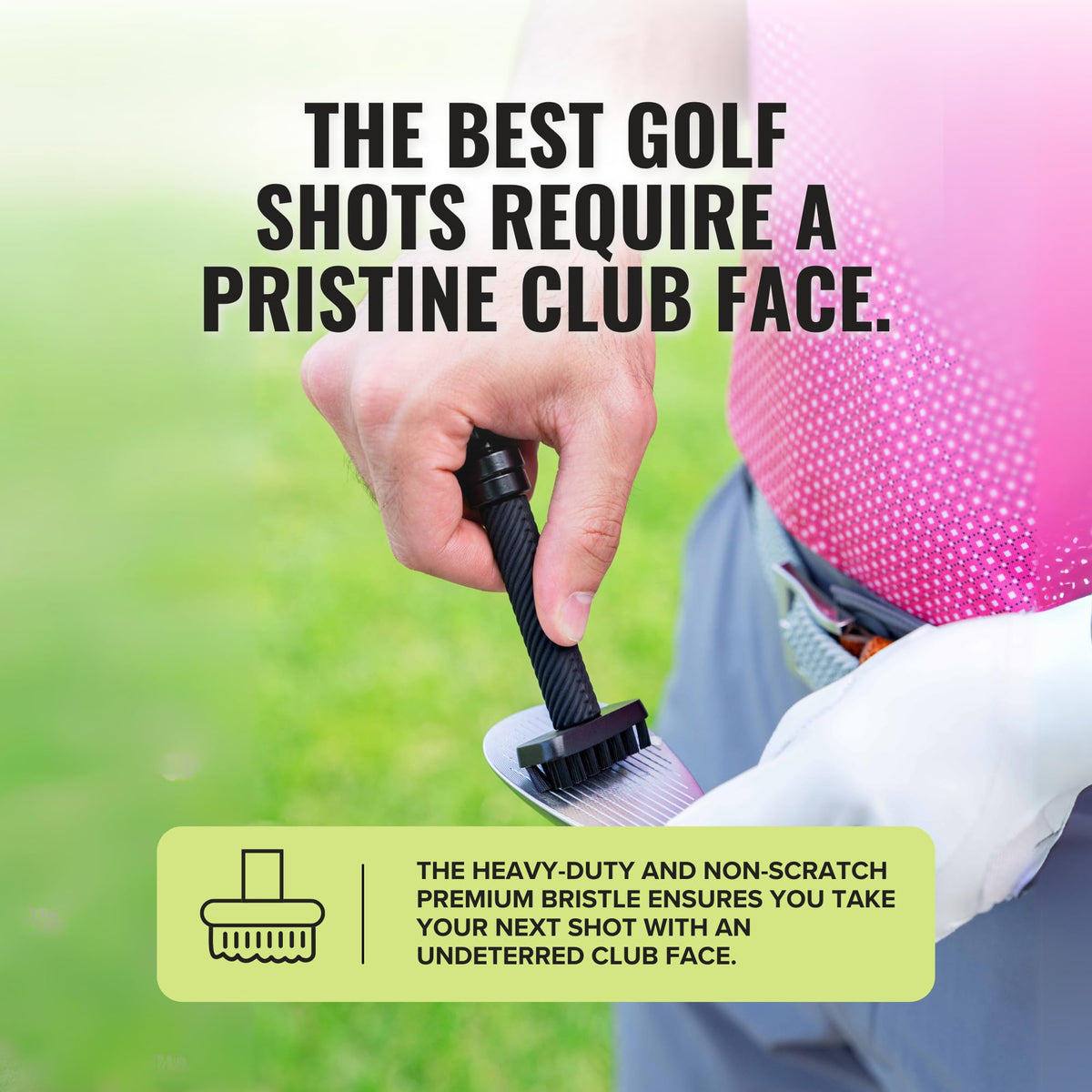 Stripebird compact golf brush shown on belt loop for easy access.
