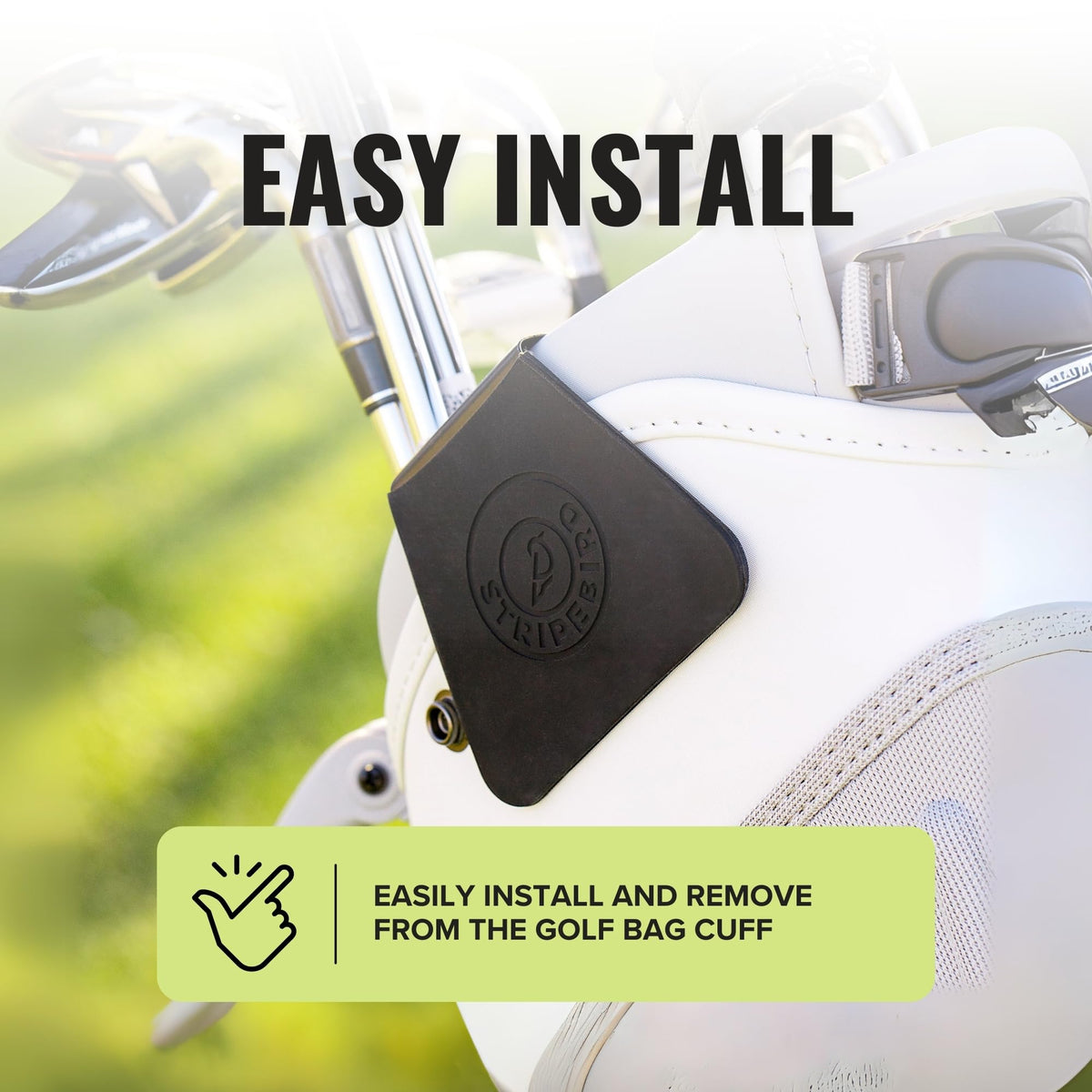 Stripebird golf hub demonstrates easy removal from bag cuff.