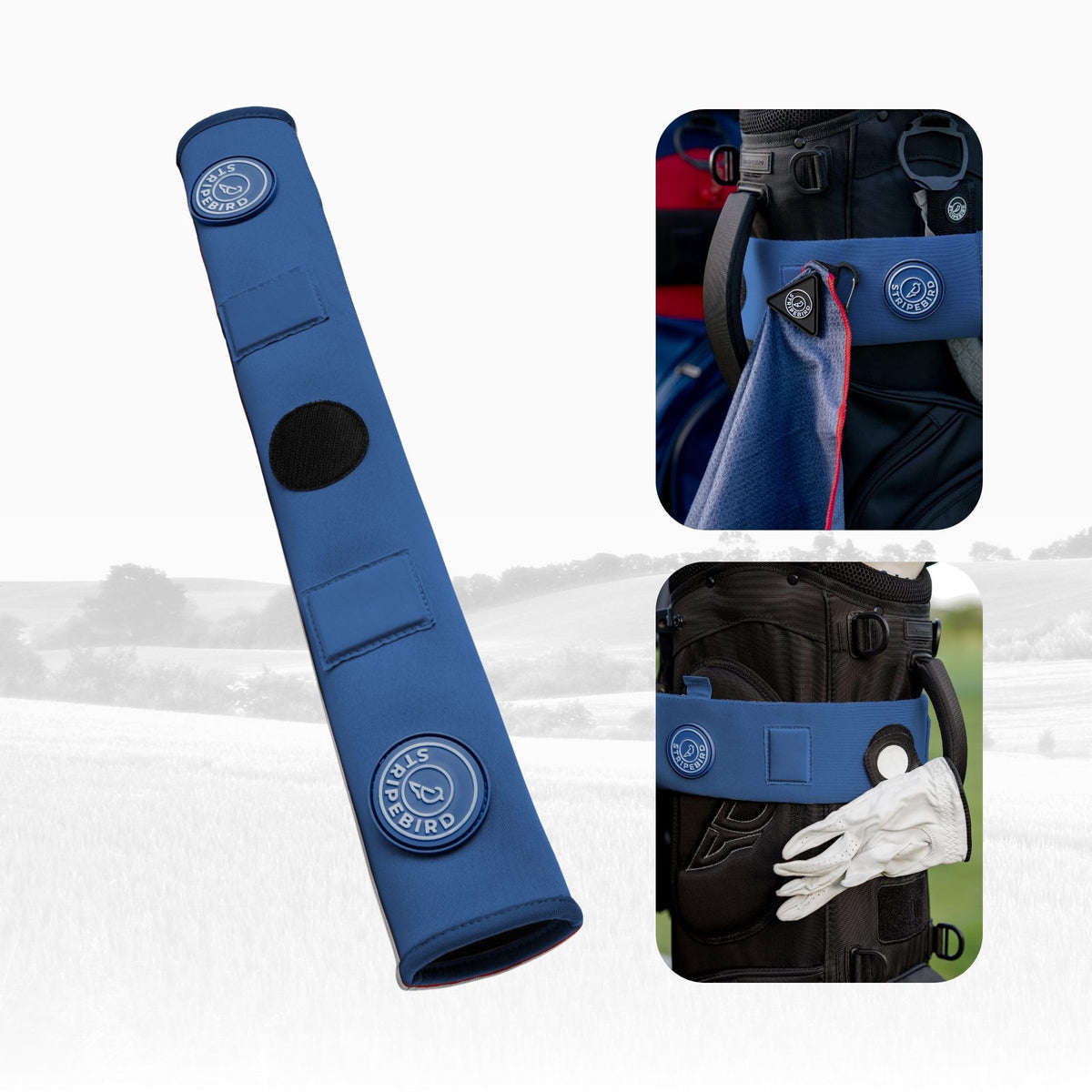 Stripebird blue golf cart strap sleeve protector on a bag, guarding from wear.