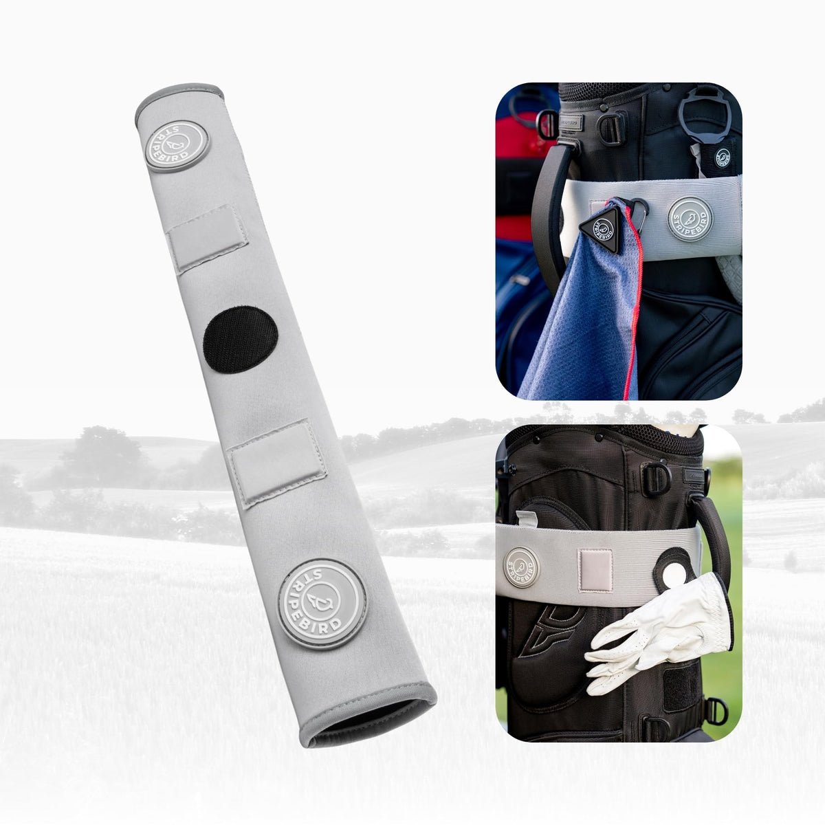 Stripebird Golf Cart Strap Sleeve Protector gray, front view showing protective cushioning against strap wear