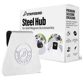 Stripebird Golf Hub in white with magnetic accessories for easy on-bag access.