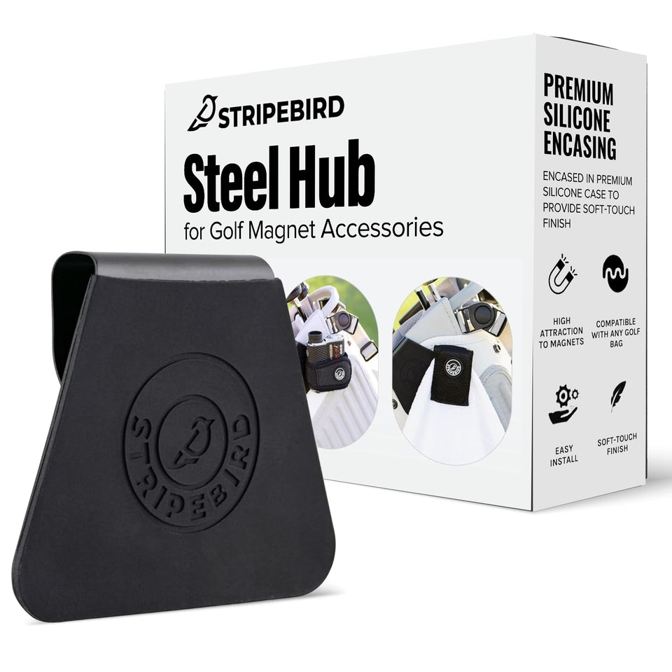 Stripebird golf hub stealth black on bag enables quick magnetic accessory access.