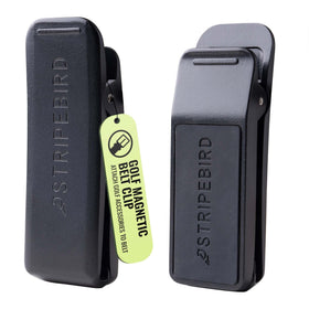 Stripebird golf magnetic belt clip on belt showing convenient hands-free attachment.