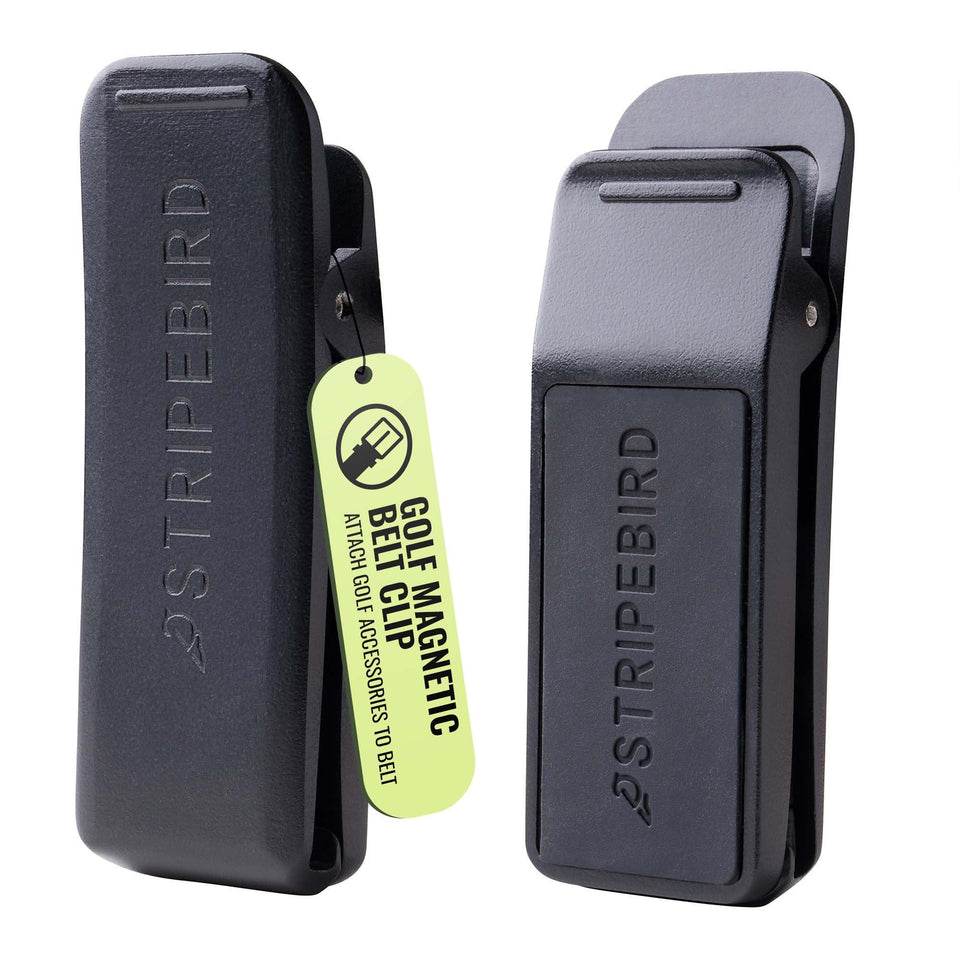 Stripebird golf magnetic belt clip on belt showing convenient hands-free attachment.