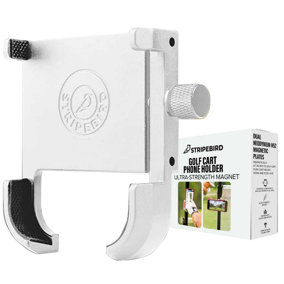 Stripebird golf magnetic phone holder mounted on a cart for secure hands-free use.
