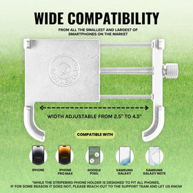 Stripebird irons-mount shows the phone attached to golf iron for on-course notes.