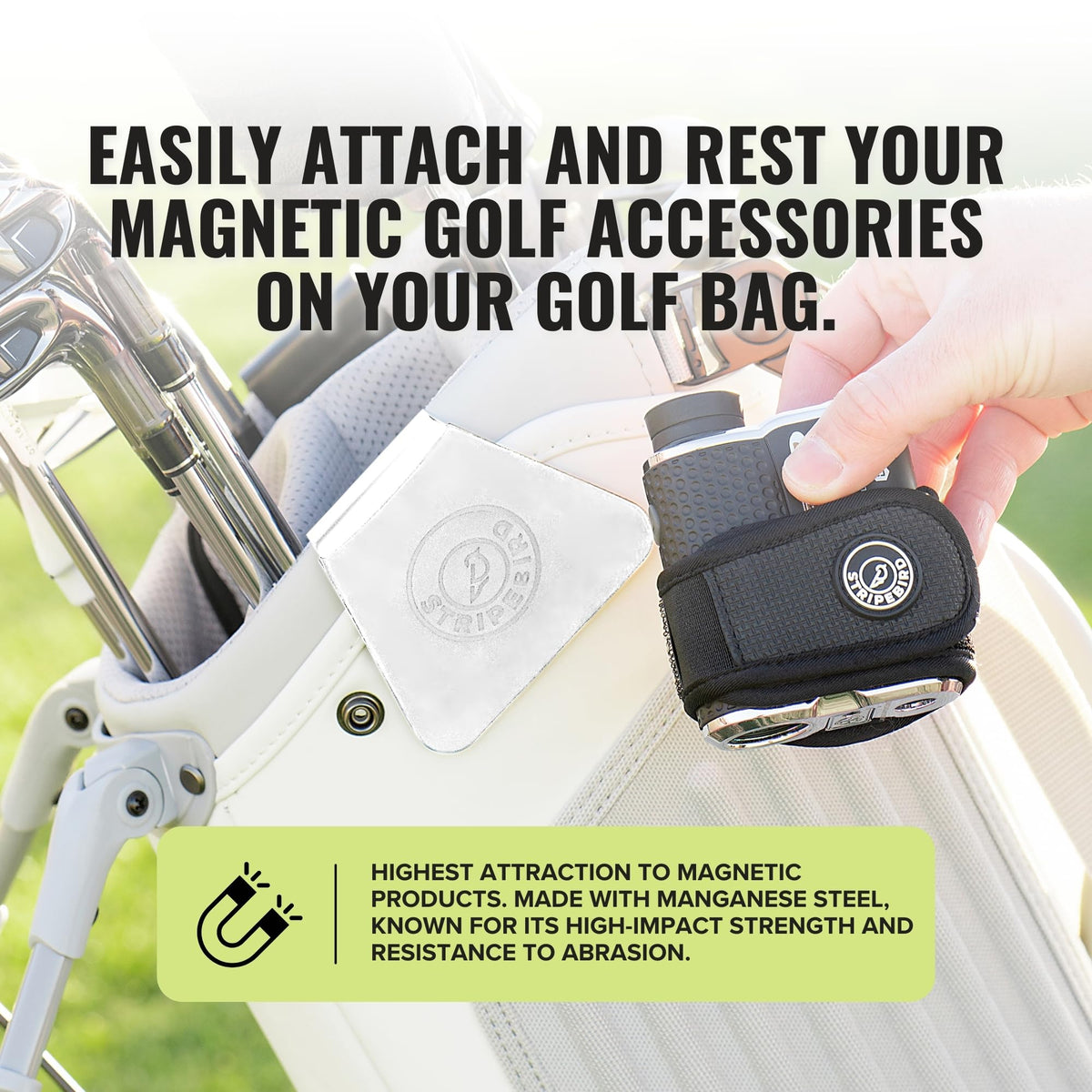 Stripebird magnetic towel clip attached to bag showing quick-reach organization.