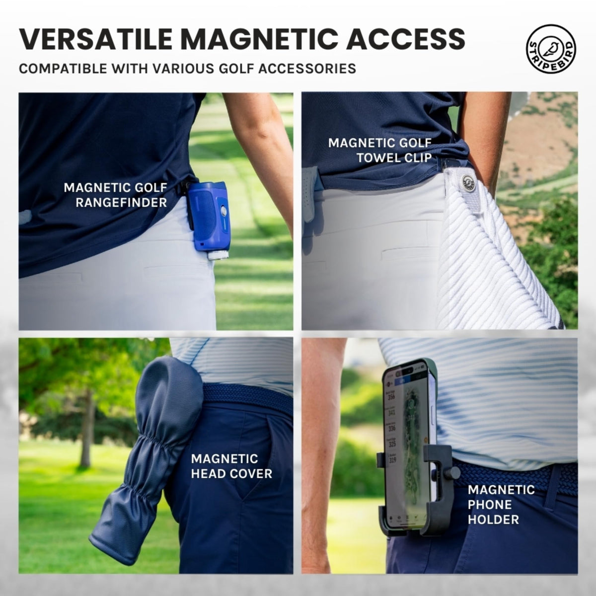 Stripebird lightweight belt clip design reduces bulk during a round.