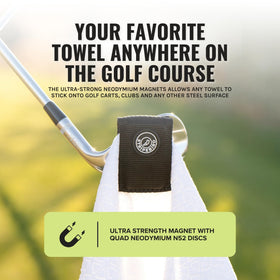 Stripebird Magnetic Clip attached to clubs keeps towel within reach.
