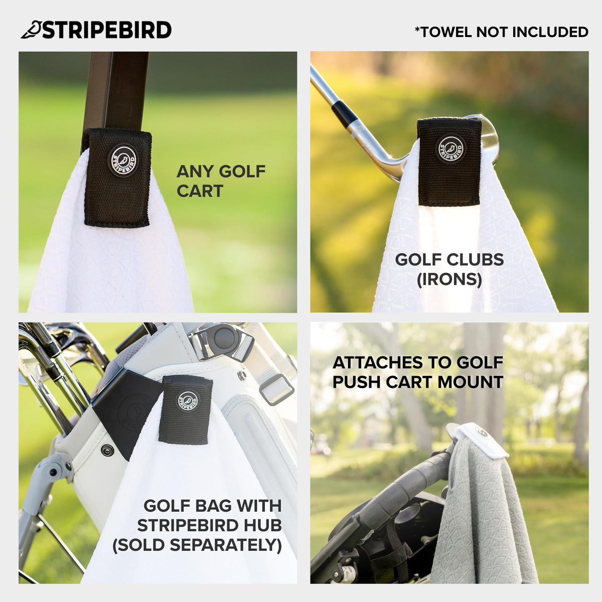 Stripebird Magnetic Clip on Golf Hub keeps towel ready at greens.