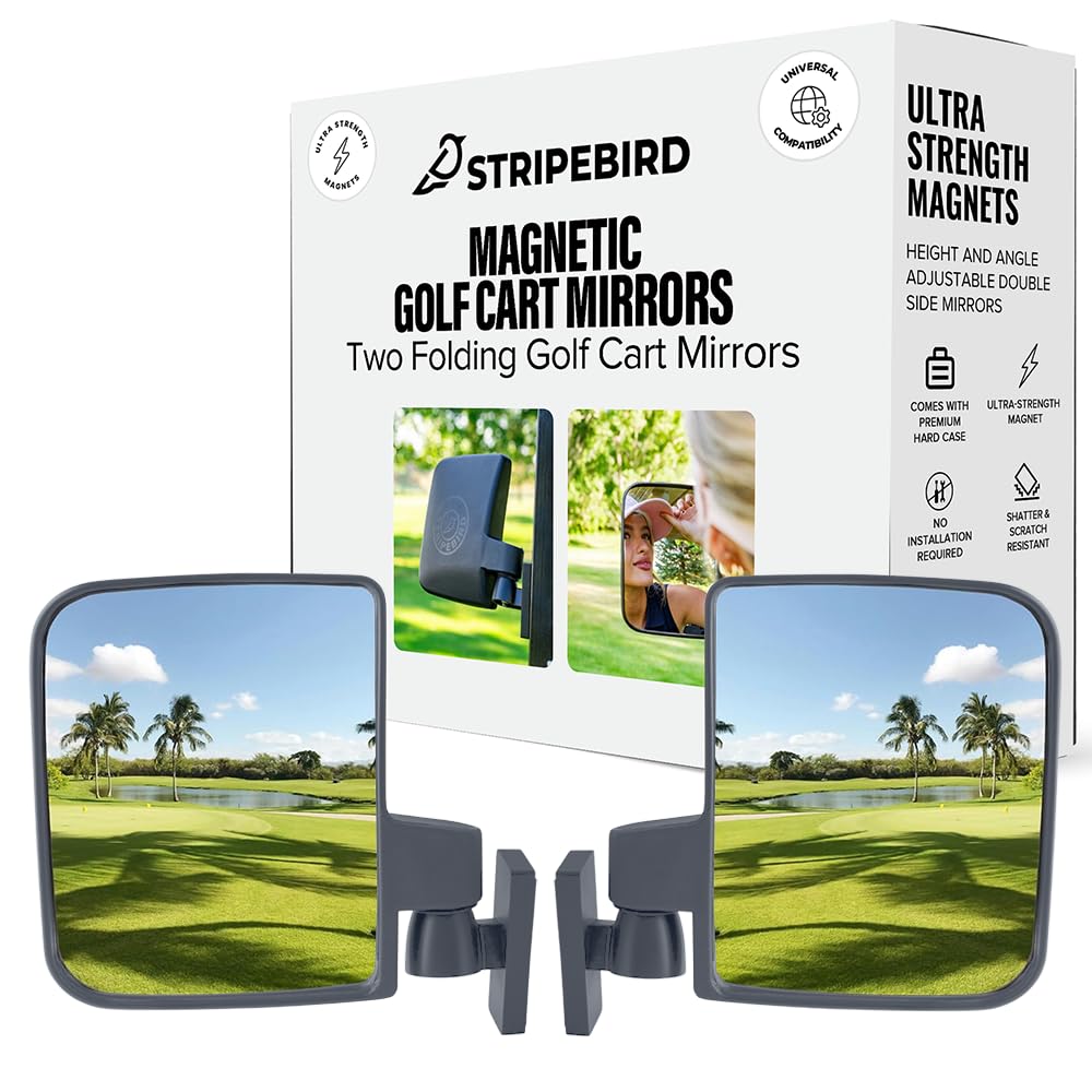 Stripebird magnetic golf cart mirrors attached to gray cart for a secure front view