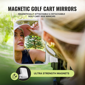Stripebird Magnetic Golf Cart Mirrors 2.0 magnet attachment shows no-drill mounting.