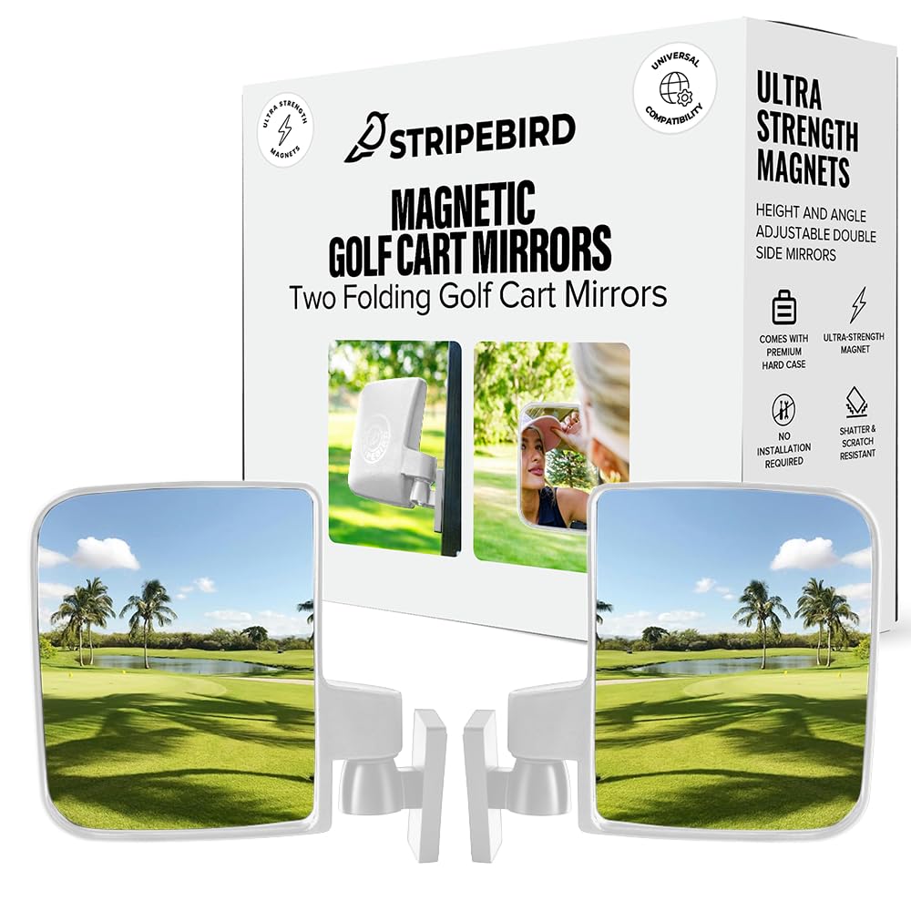 Stripebird Magnetic Golf Cart Mirrors 2.0 front view for broader visibility.