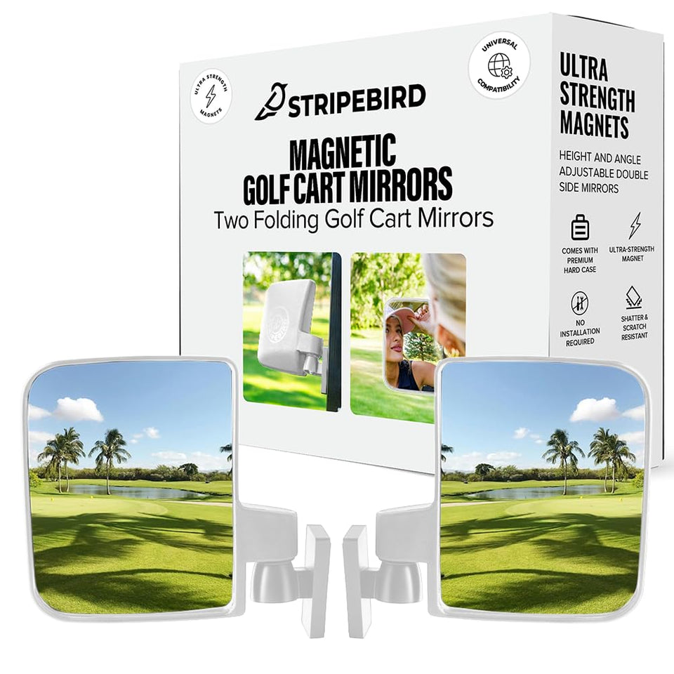 Stripebird Magnetic Golf Cart Mirrors 2.0 front view for broader visibility.