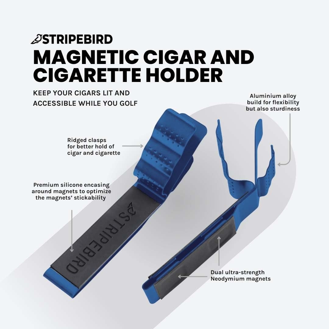 Stripebird blue magnetic cigar holder attached to golf cart demonstrating strong magnetic grip.