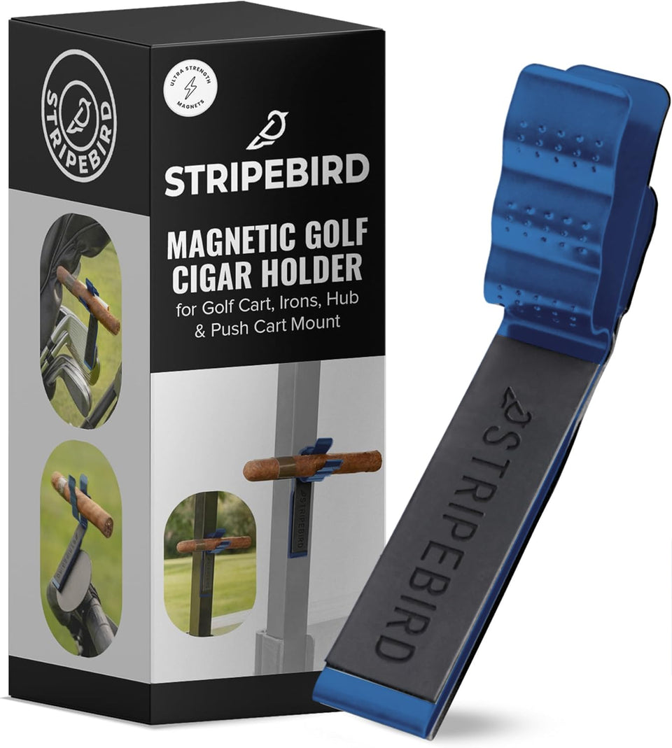 Stripebird blue magnetic cigar holder close-up showing magnet grip for secure cigars.