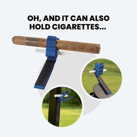 Stripebird blue holder in use on a push cart for easy cigar access during rounds.