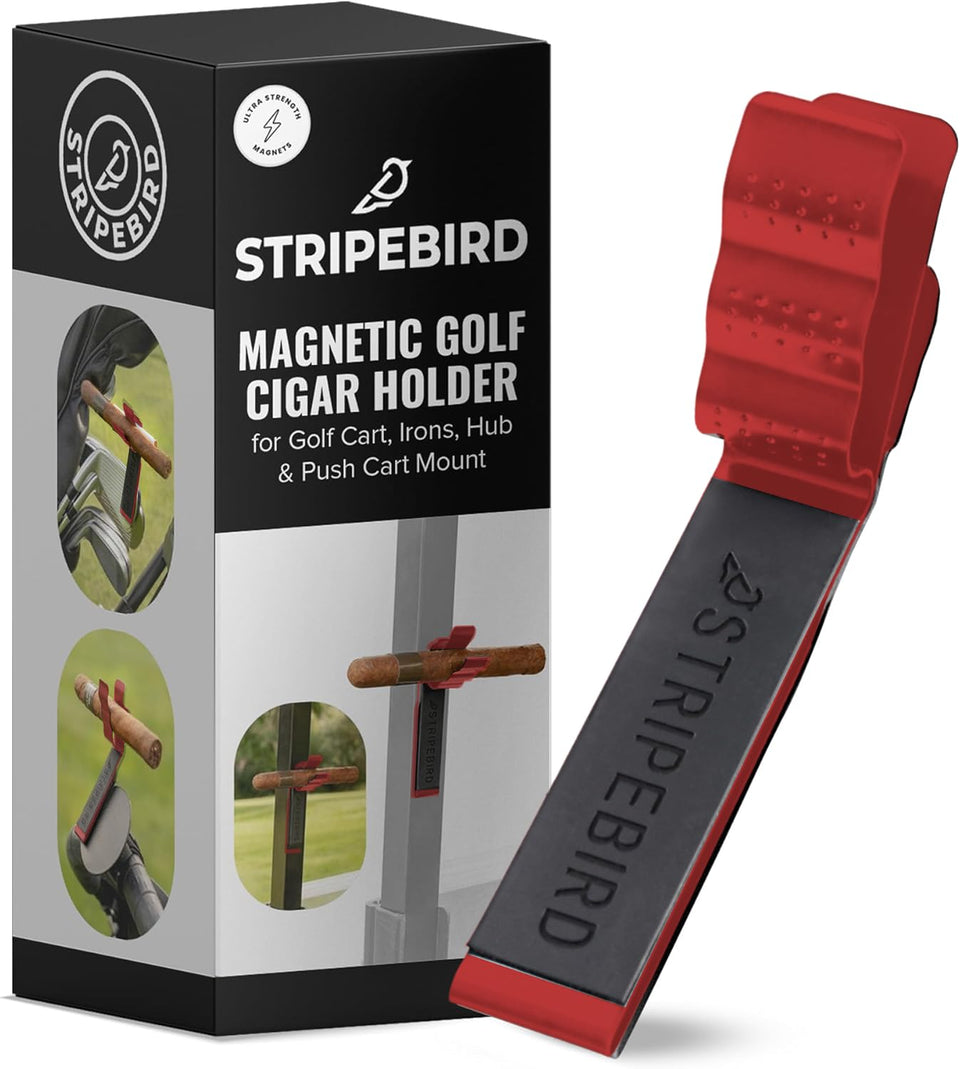 Stripebird magnetic golf cigar holder mounted on a cart securely holding a cigar.