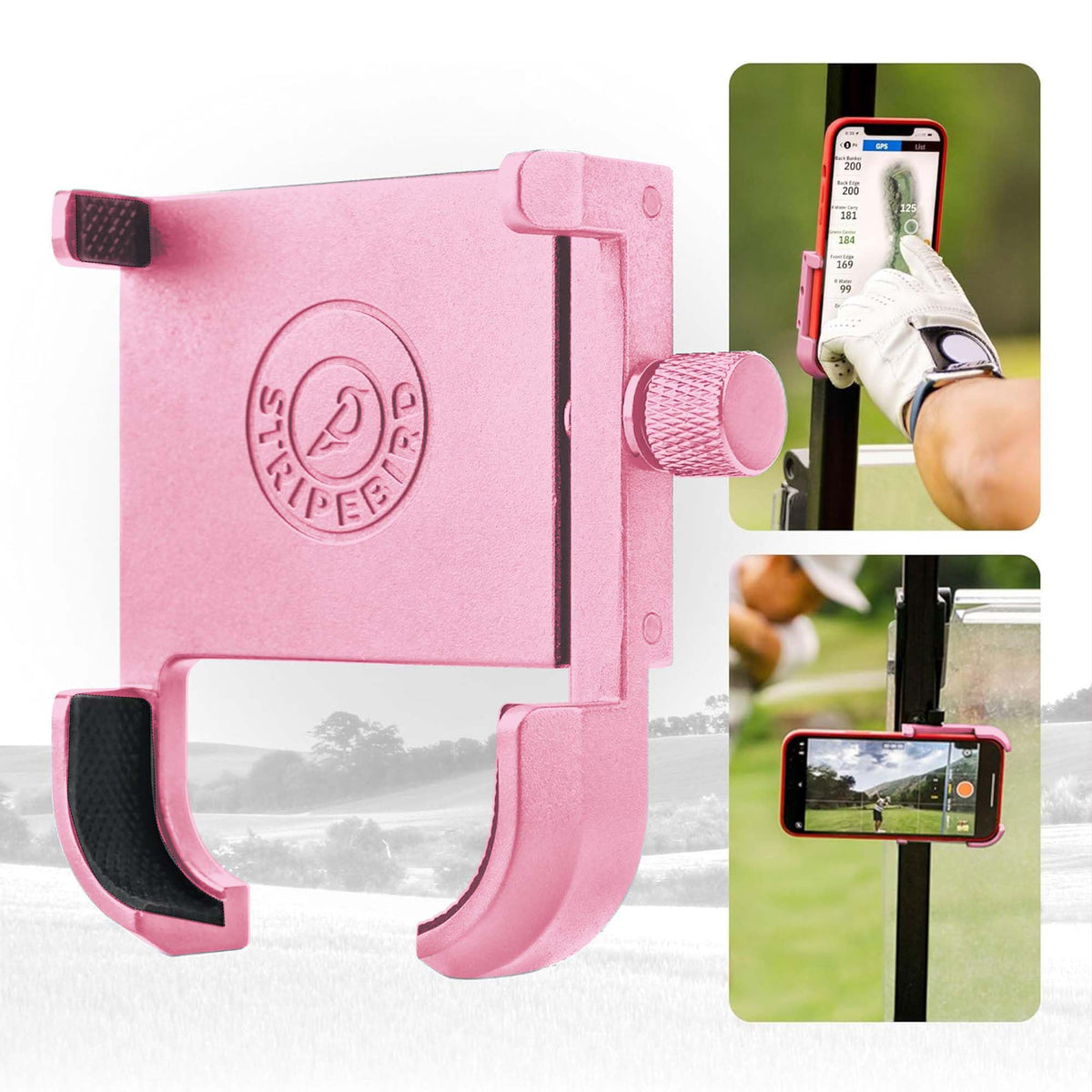Stripebird magnetic phone holder on a golf cart showing secure hold during a bumpy ride.