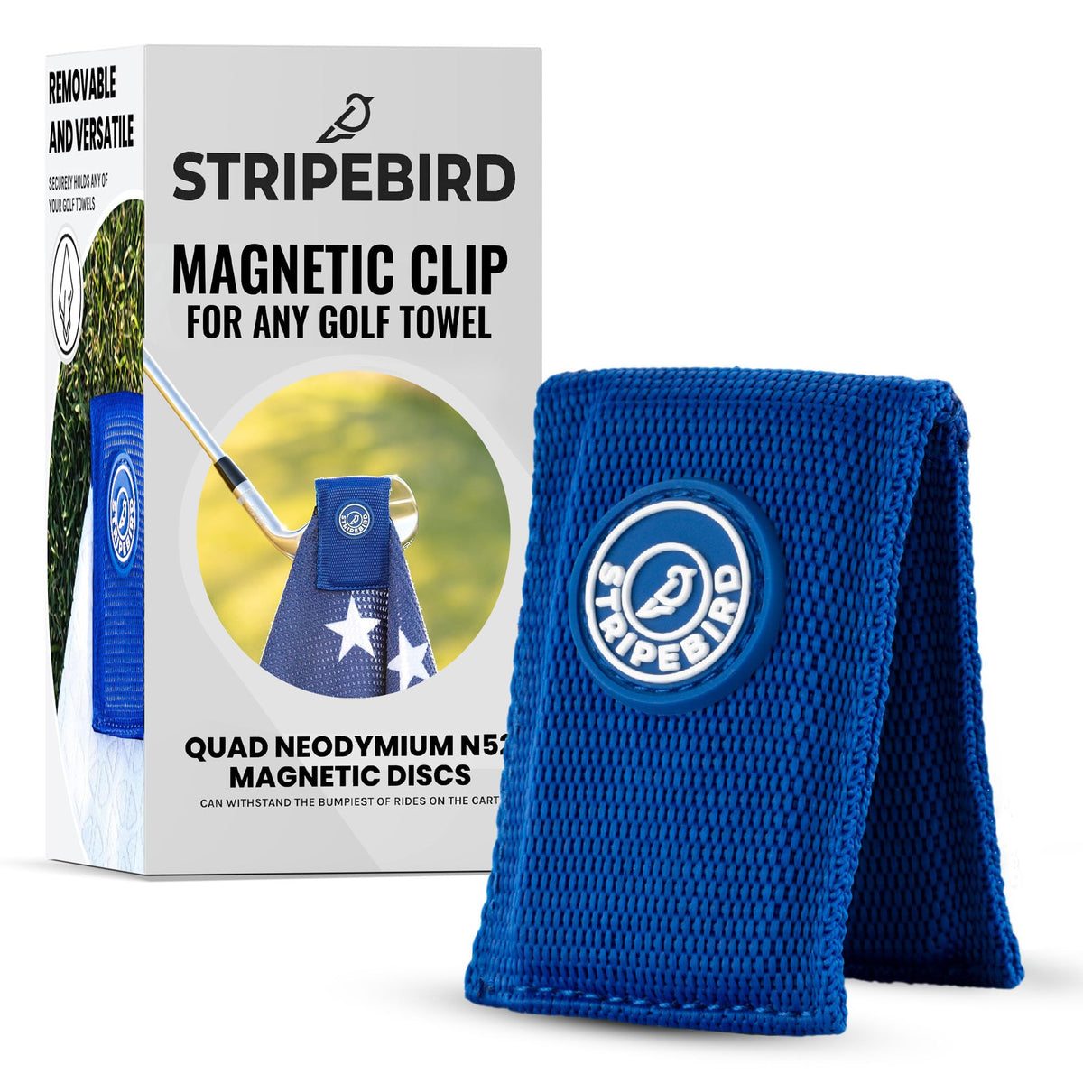 Stripebird magnetic towel clip attached to golf cart for secure towels.