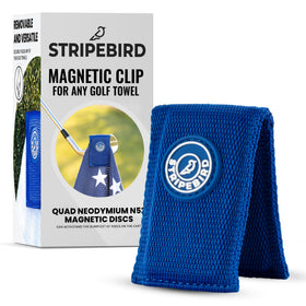 Stripebird magnetic towel clip attached to golf cart for secure towels.