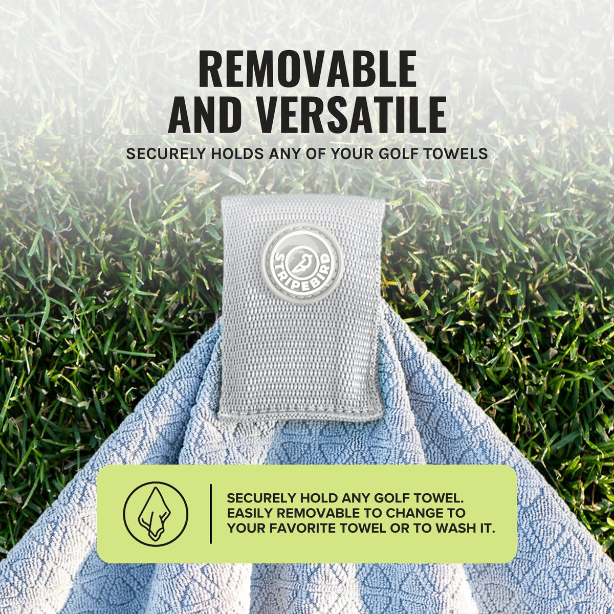 Stripebird clip-on-club securely attaches near wedge or putter