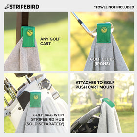 Stripebird clip securing microfiber, cotton, and polyester towels