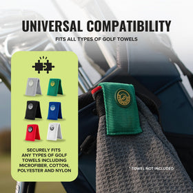 Stripebird clip fastened to a golf bag magnet for towel within reach