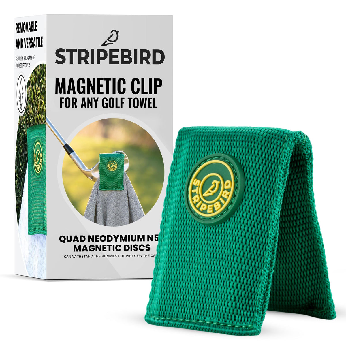 Stripebird Magnetic Towel Clip attached to a golf cart securing a towel