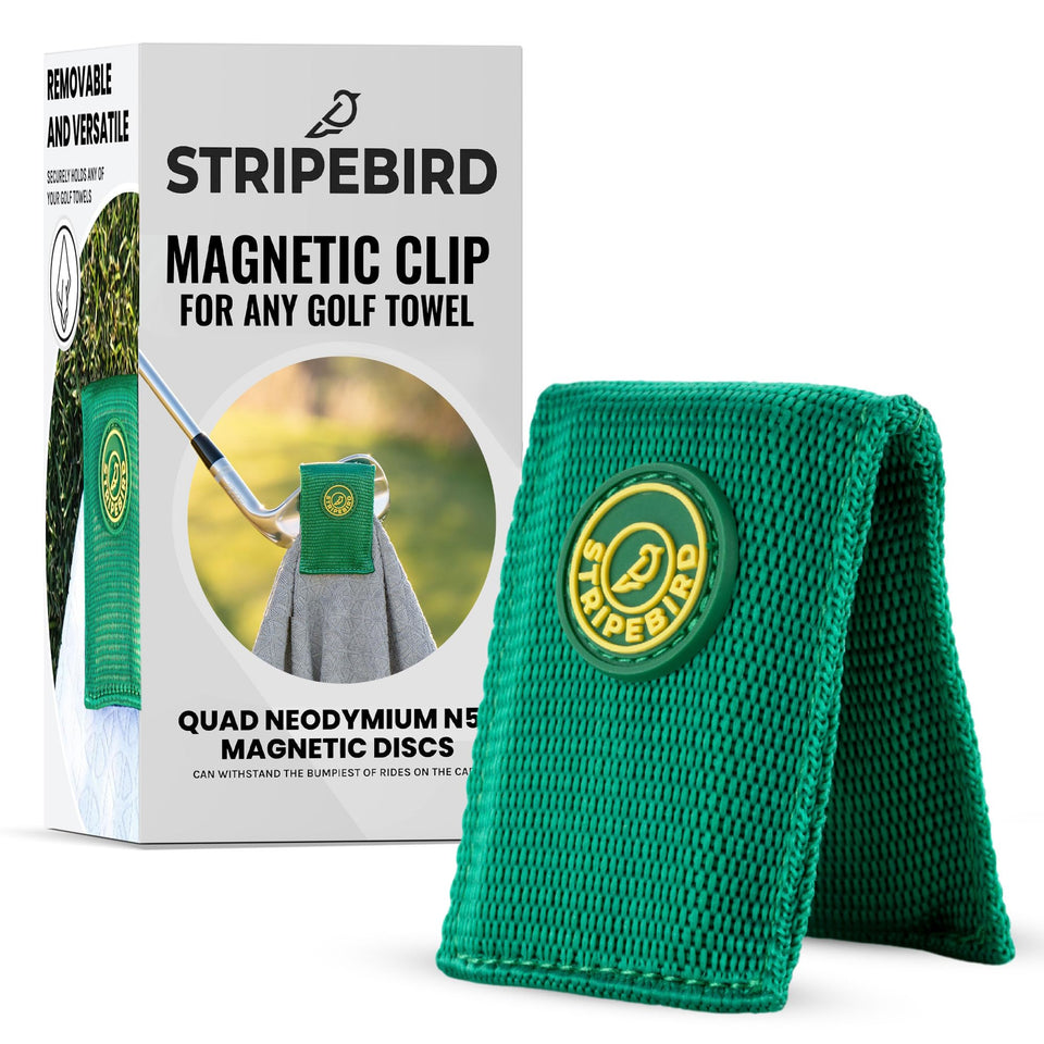 Stripebird Magnetic Towel Clip attached to a golf cart securing a towel