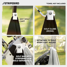 Stripebird magnetic towel clip attached to a golf bag for quick access