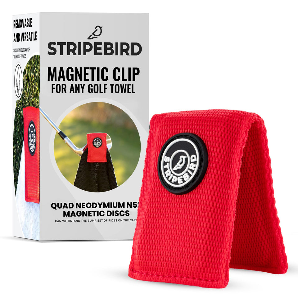 Stripebird magnetic towel clip in red securely holds any towel on a golf cart