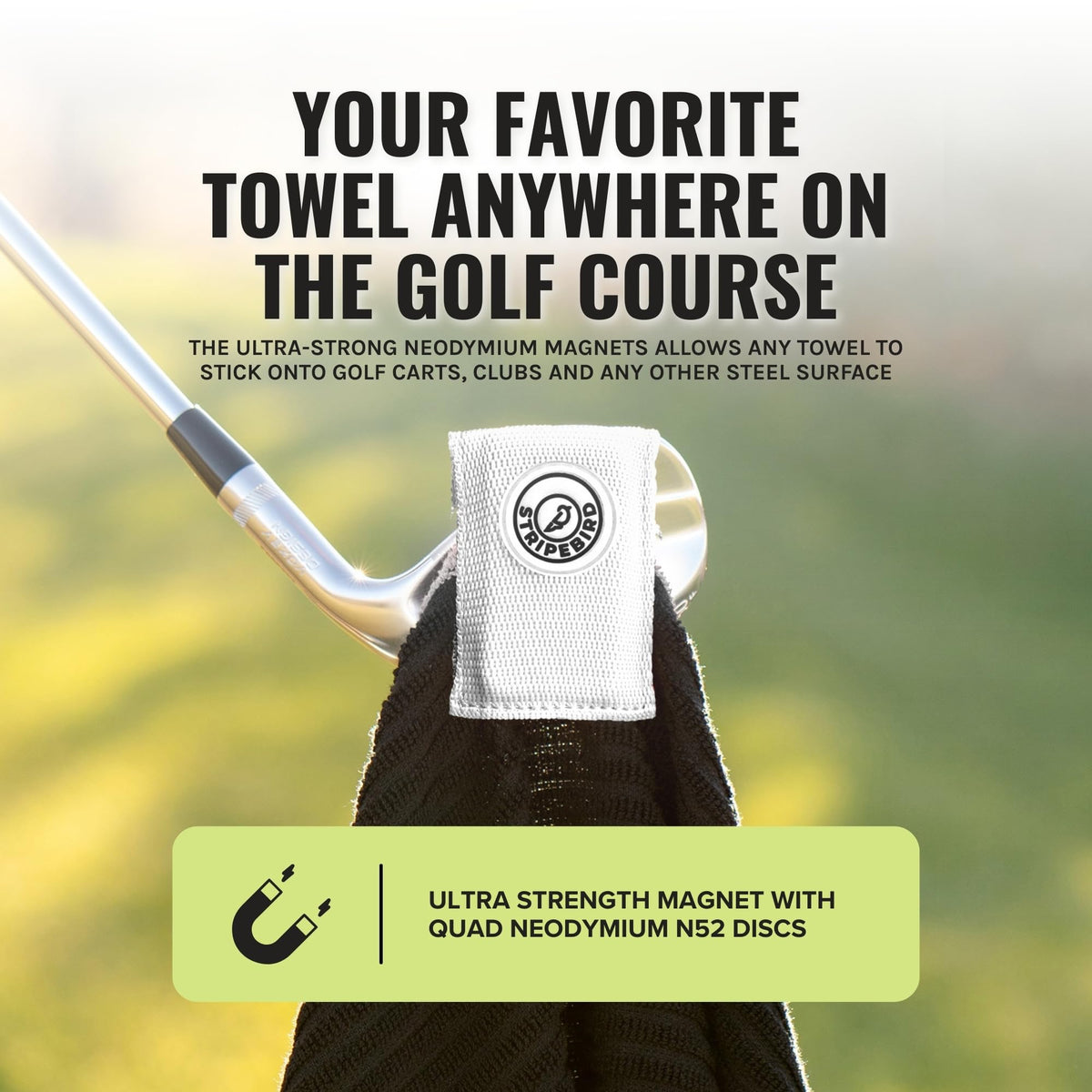 Stripebird magnetic towel clip securing a towel on golf clubs