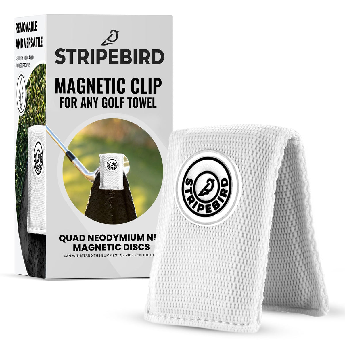 Stripebird magnetic towel clip white securely holds towels on a golf cart