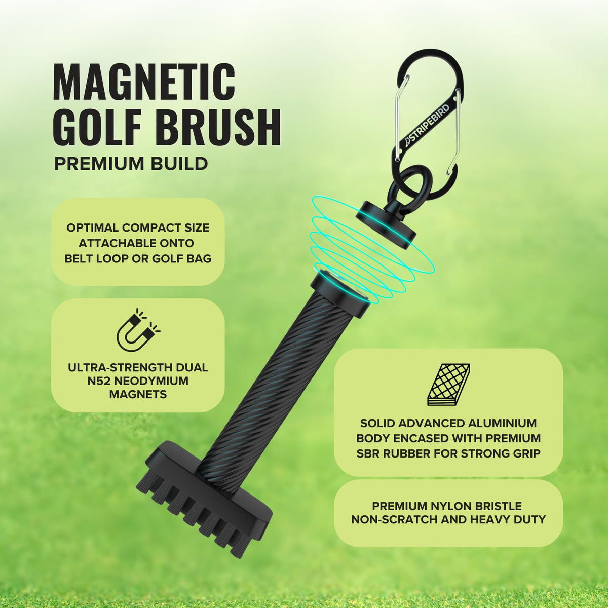 Stripebird premium nylon bristles provide non-scratch cleaning for clubs.
